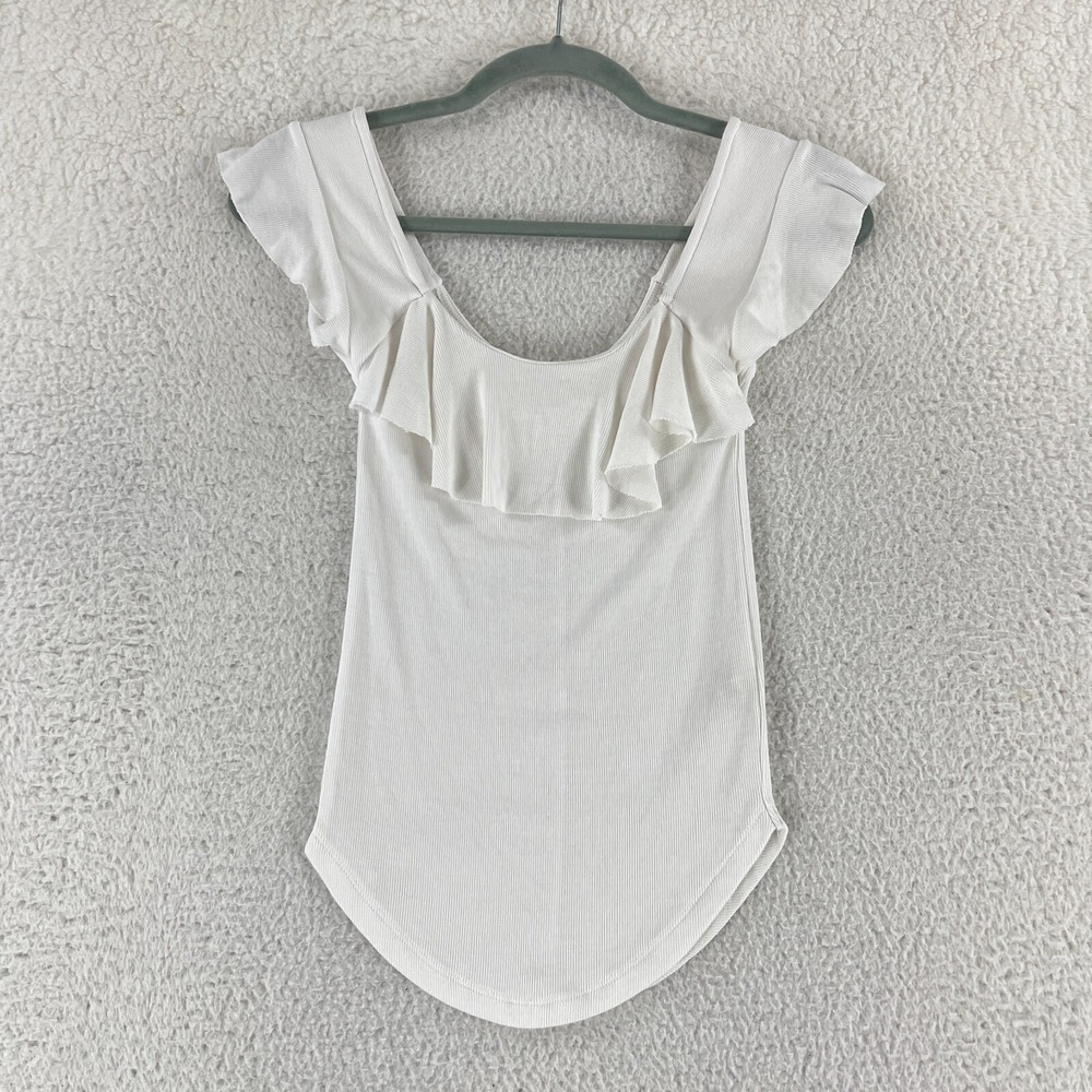 Free People White Last‎ Call Ruffle Ribbed Shirt Womens Short Sleeve Size XS
